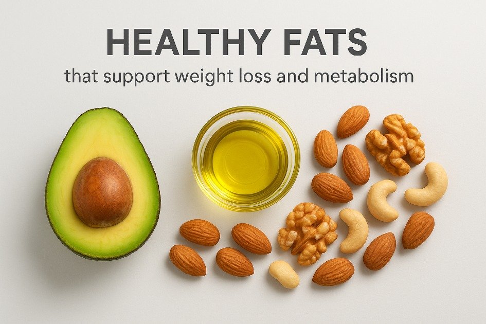 Healthy fats like avocado, nuts, and olive oil that support weight loss and metabolism