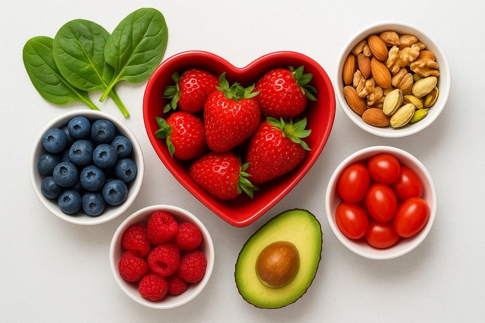 Colorful assortment of heart-healthy foods like berries, nuts, and leafy greens boosting cardiovascular health