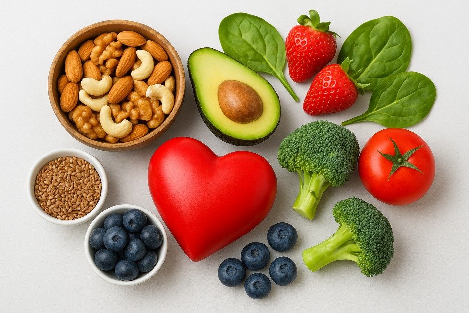 Healthy heart foods including nuts, fruits, and vegetables for cardiovascular wellness