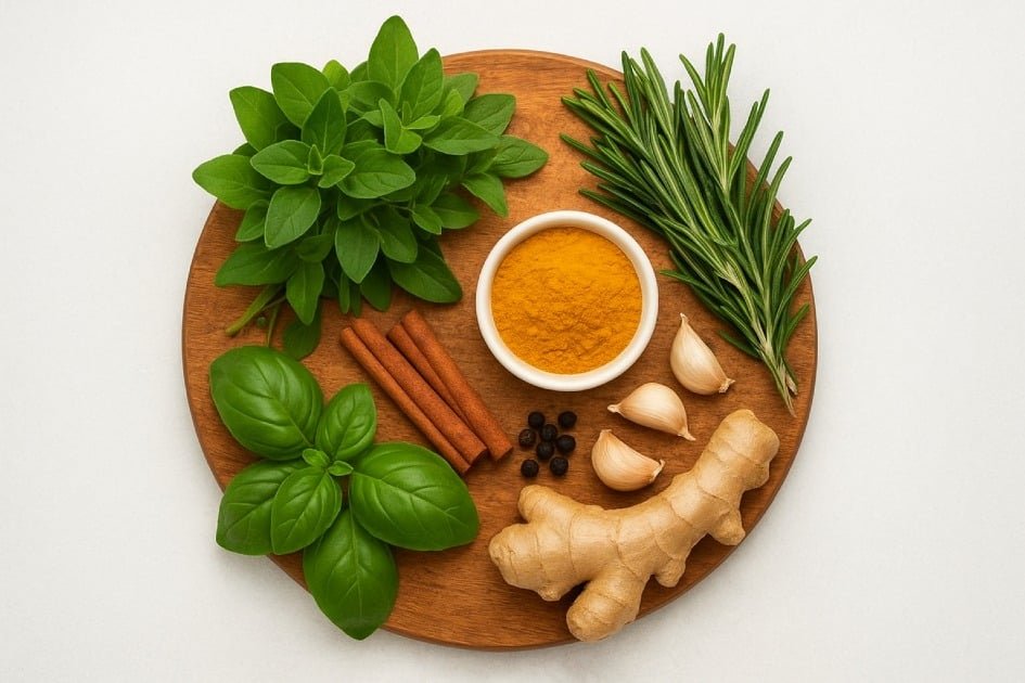 Fresh herbs and spices on a wooden table boosting immunity and fighting illness naturally