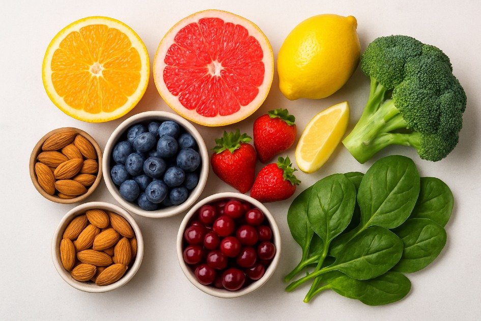Colorful assortment of immune-boosting foods including citrus, berries, nuts, and leafy greens.