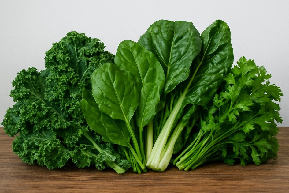 Fresh leafy greens on a wooden table, rich in nutrients for heart health and arterial cleansing.