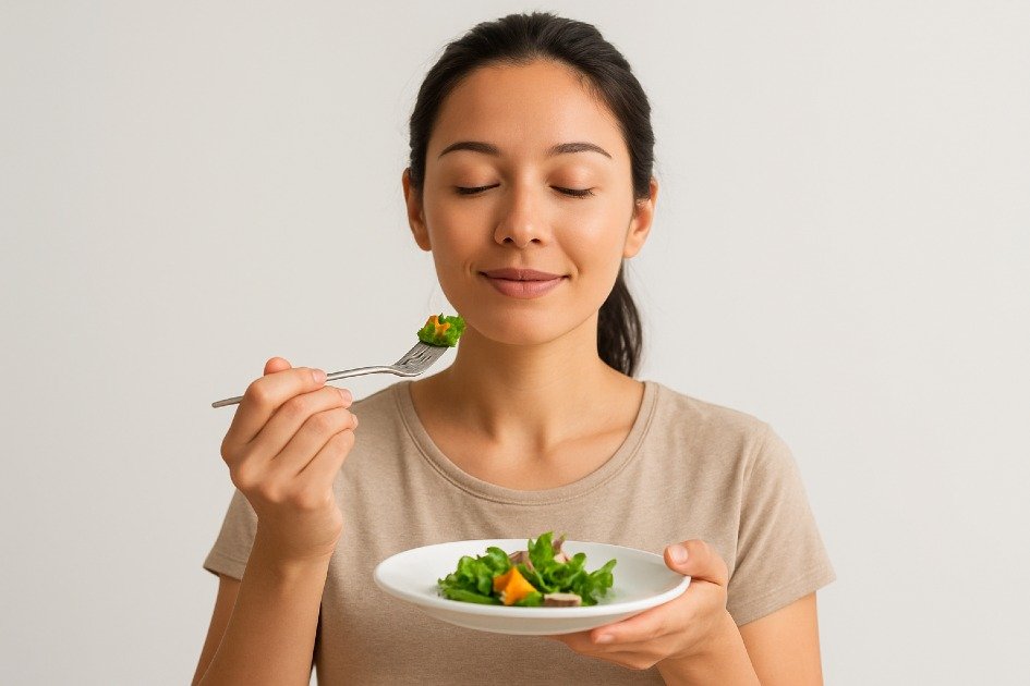 Woman practicing mindful eating, savoring a healthy meal with full attention.