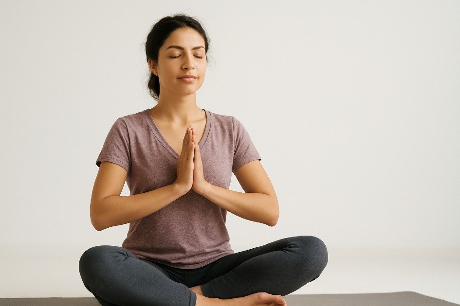 Woman practicing mindful yoga, harmonizing body and mind in serene space