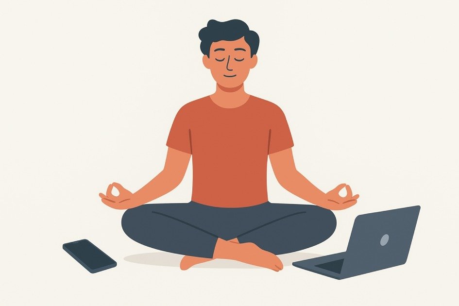Person meditating with smartphone and laptop nearby, balancing technology and mindfulness