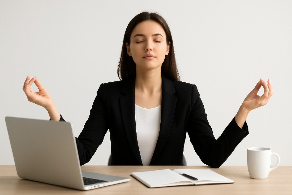 Professional practicing mindfulness at desk, staying calm and focused during busy workday