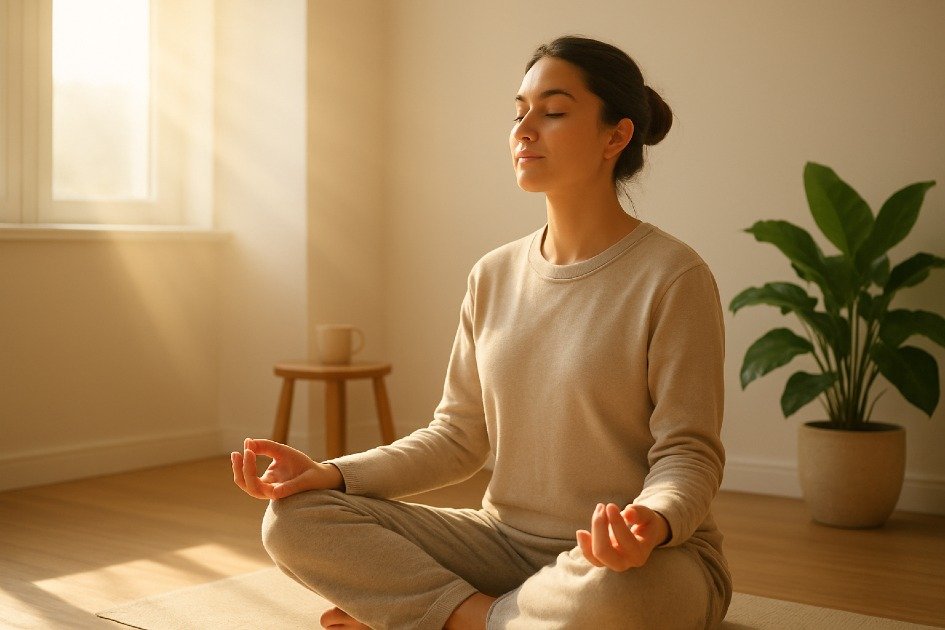 Person practicing morning mindfulness with sunlight and calm surroundings