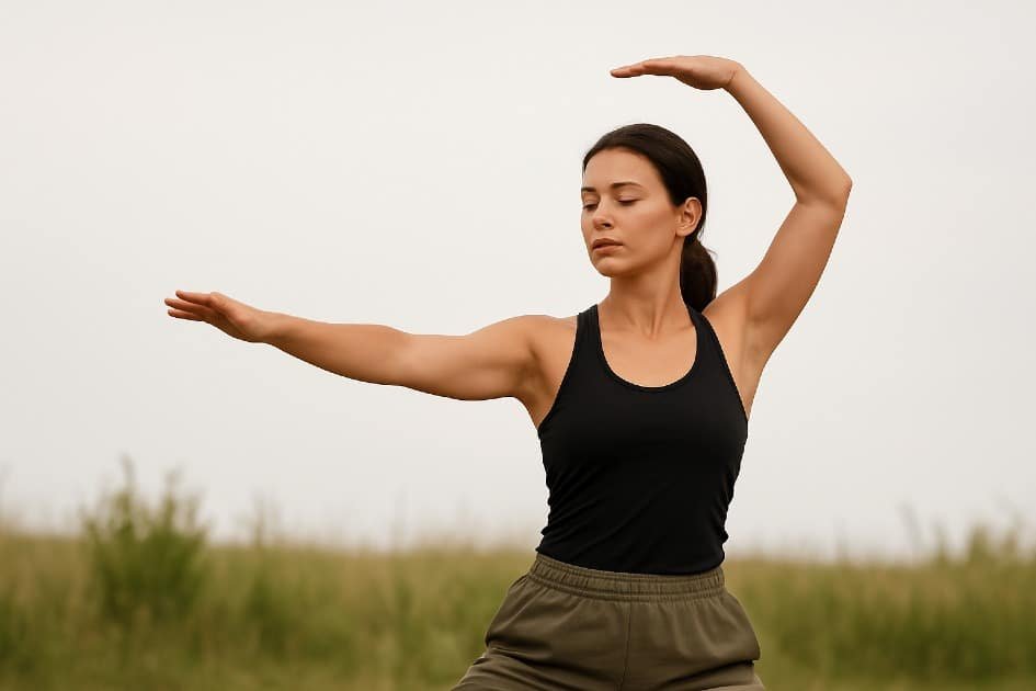 Person practicing mindful movement outdoors, symbolizing strength, balance, and intentional living.