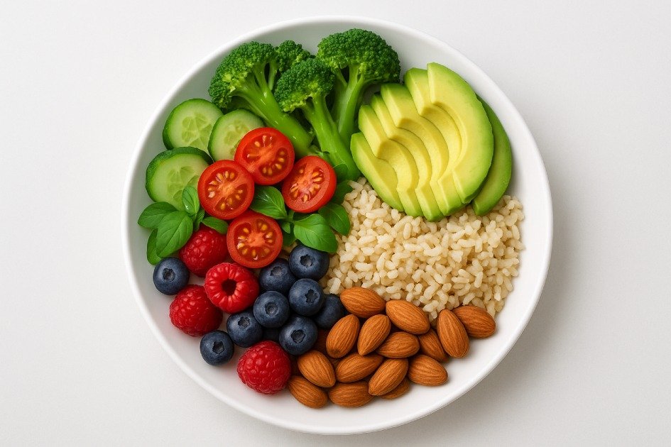 Healthy balanced meal with fresh fruits, vegetables, and nuts fueling brain and body wellness