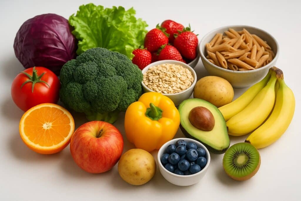 Colorful assortment of fresh fruits, vegetables, and whole grains promoting healthy nutrition.