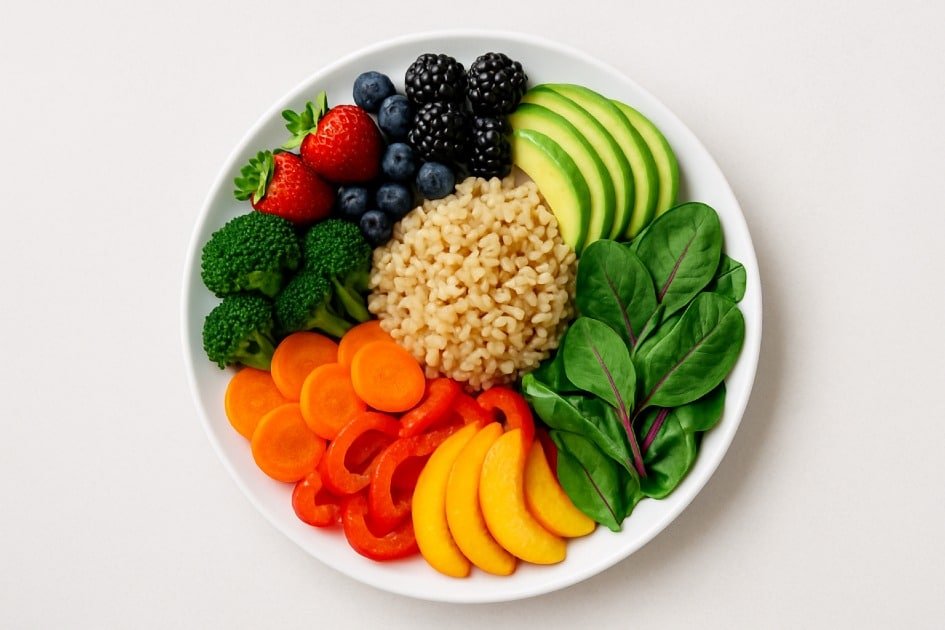 Healthy colorful meal with fruits, vegetables, and whole grains promoting wellness and vitality