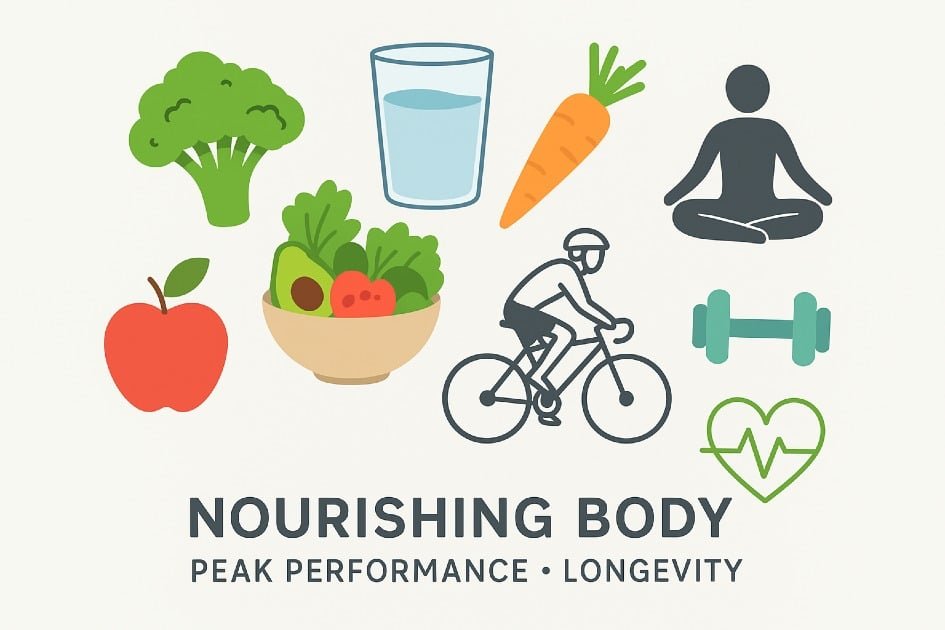 Healthy foods and lifestyle habits supporting peak performance and long life