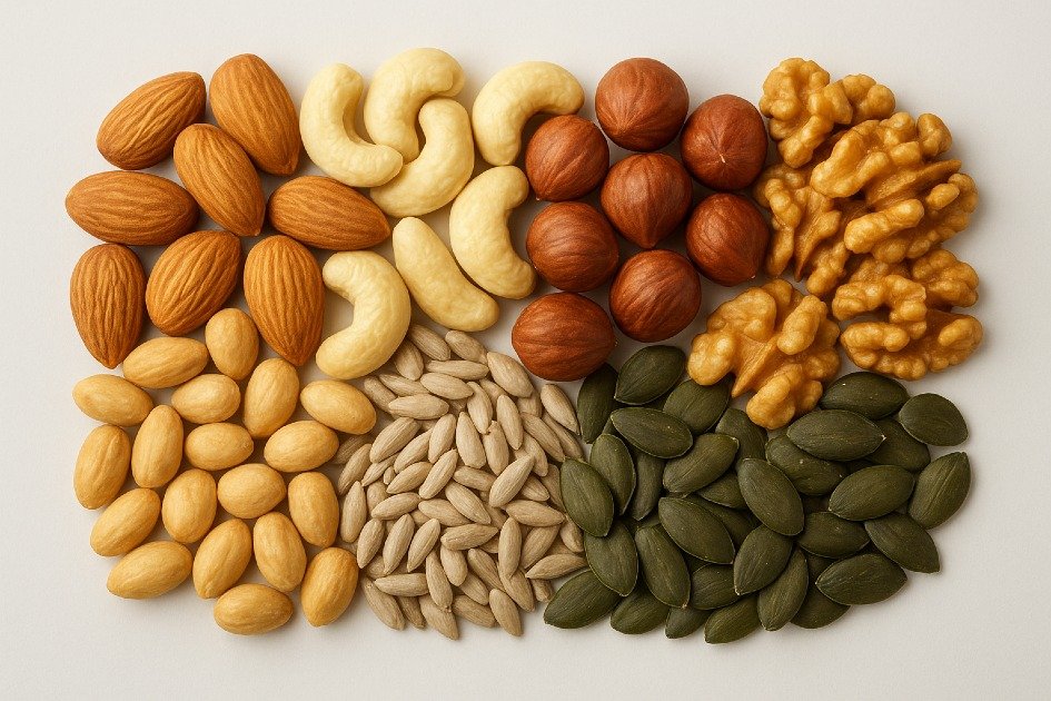 Assorted nuts and seeds rich in protein, fiber, and healthy fats for immunity and long-term wellness