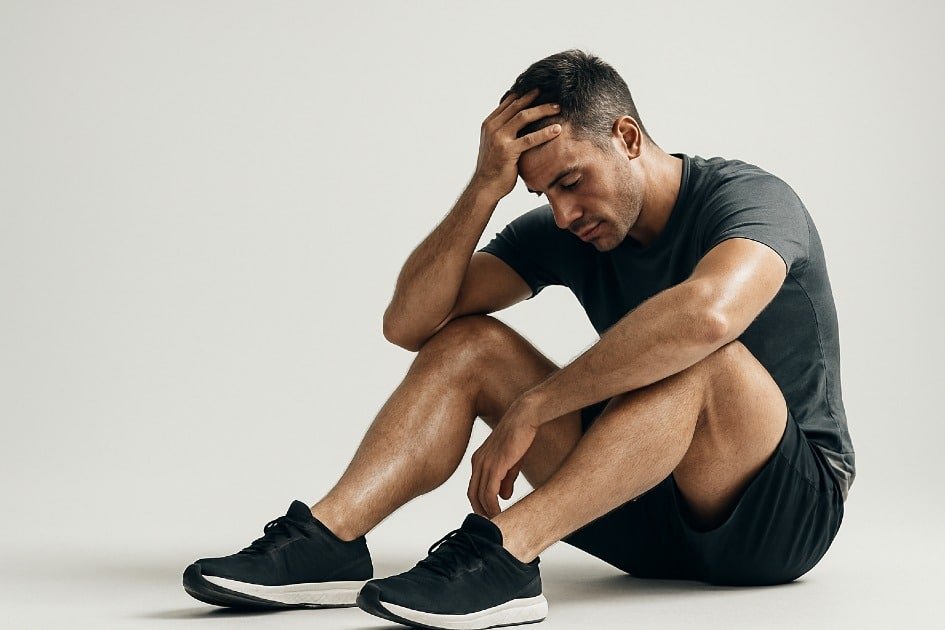 Exhausted athlete resting after intense workout, symbolizing dangers of over-exercising on health