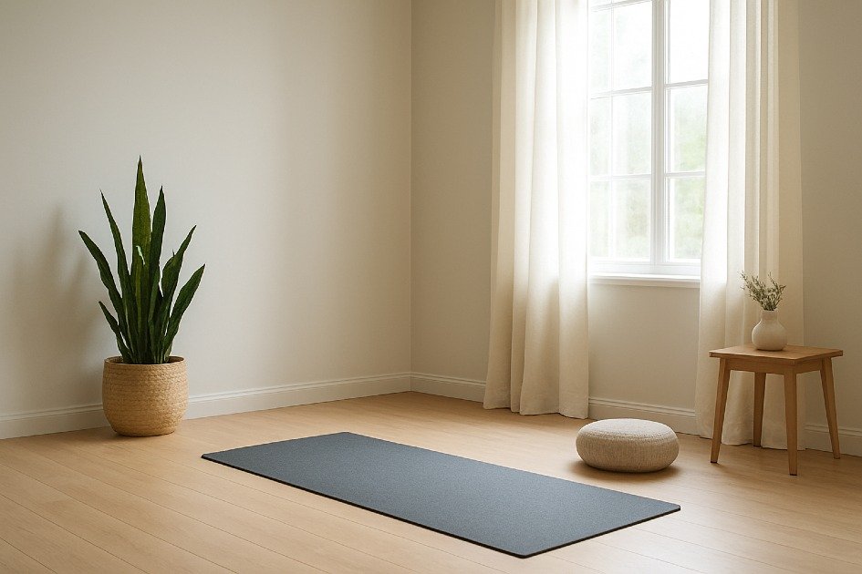 Peaceful home stretching space with yoga mat and natural light.
