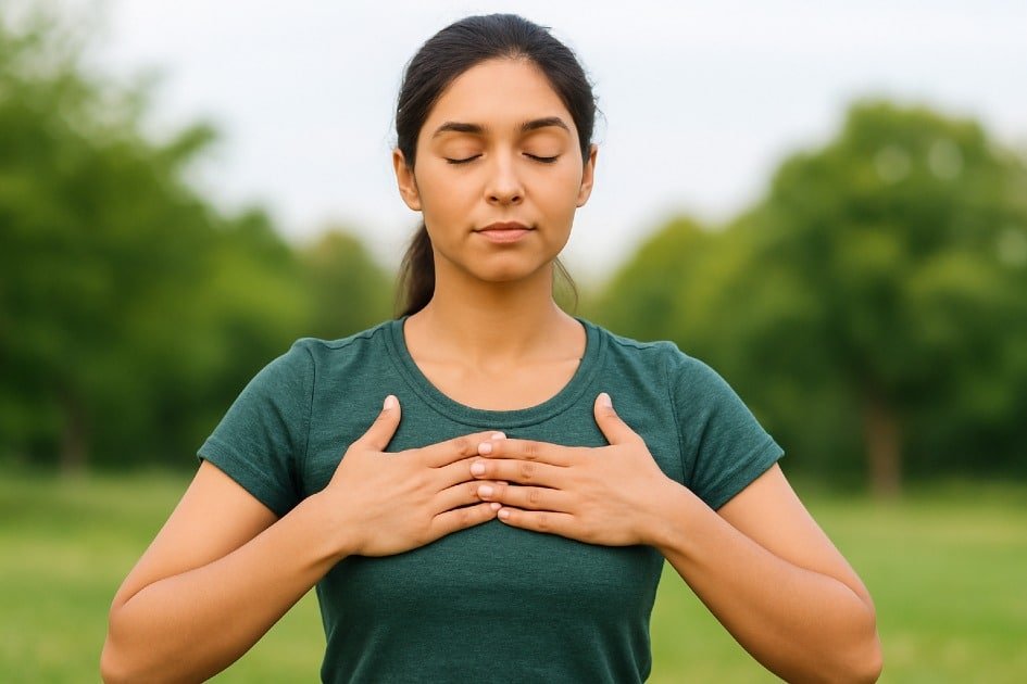 Healthy lifestyle woman practicing physical stress relief techniques outdoors