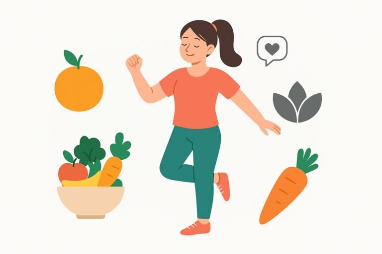 Woman enjoying a healthy lifestyle with morning exercise, balanced nutrition, and mindfulness practices for overall happiness and well-being.