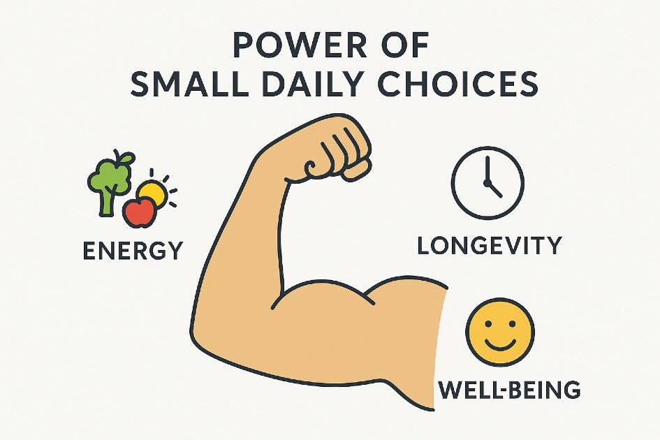 Healthy lifestyle habits showing the impact of small daily choices on energy, longevity, and well-being.