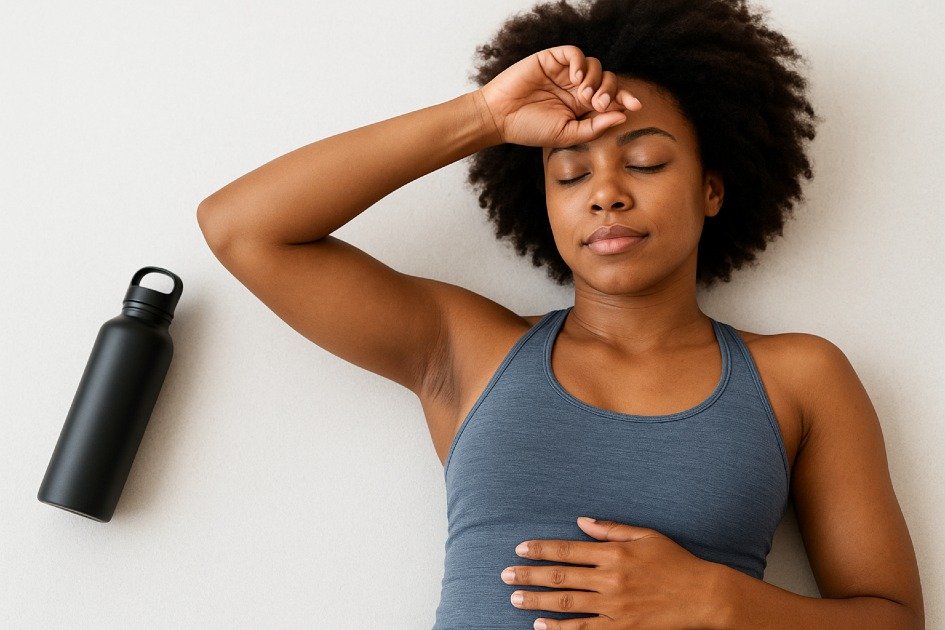 Woman peacefully resting after a workout, emphasizing the importance of rest and recovery for health.