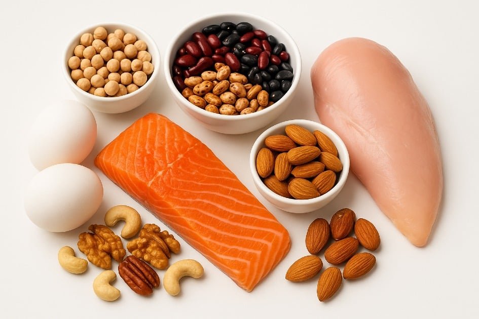 Colorful assortment of protein-rich foods boosting immunity, including eggs, beans, nuts, and fish
