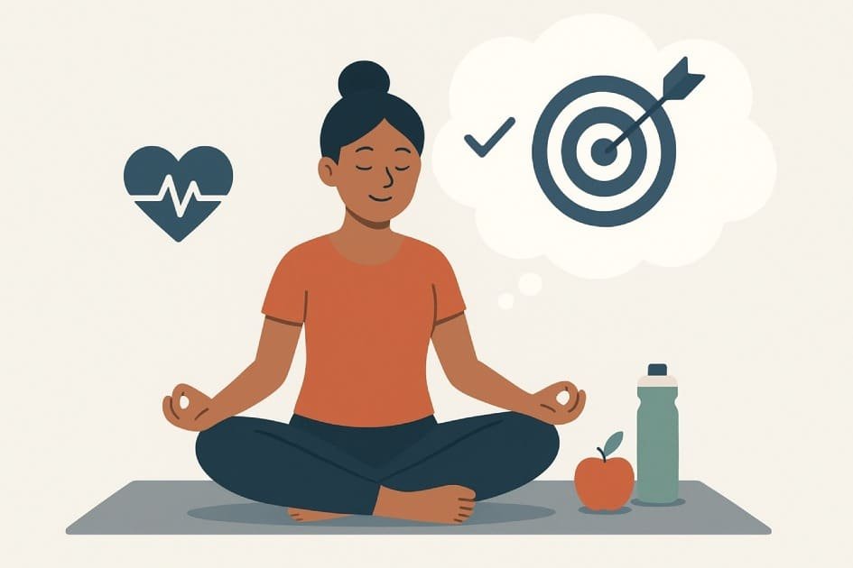 Person practicing mindful living and healthy habits while reflecting on life goals, symbolizing purposeful health alignment.