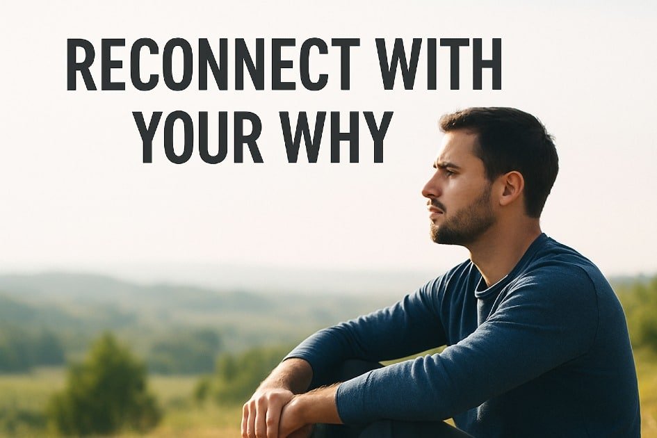 Motivated person reflecting outdoors, symbolizing clarity, purpose, and personal growth while reconnecting with their why.