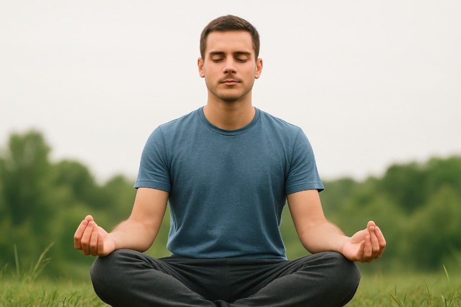 A serene, focused individual meditating outdoors, symbolizing clarity, mental reset, and positive mindset transformation.