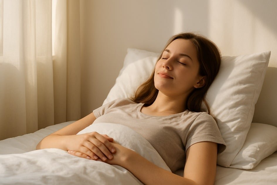Peaceful person resting on a bed with sunlight streaming through the window, symbolizing the importance of recovery for health and vitality.