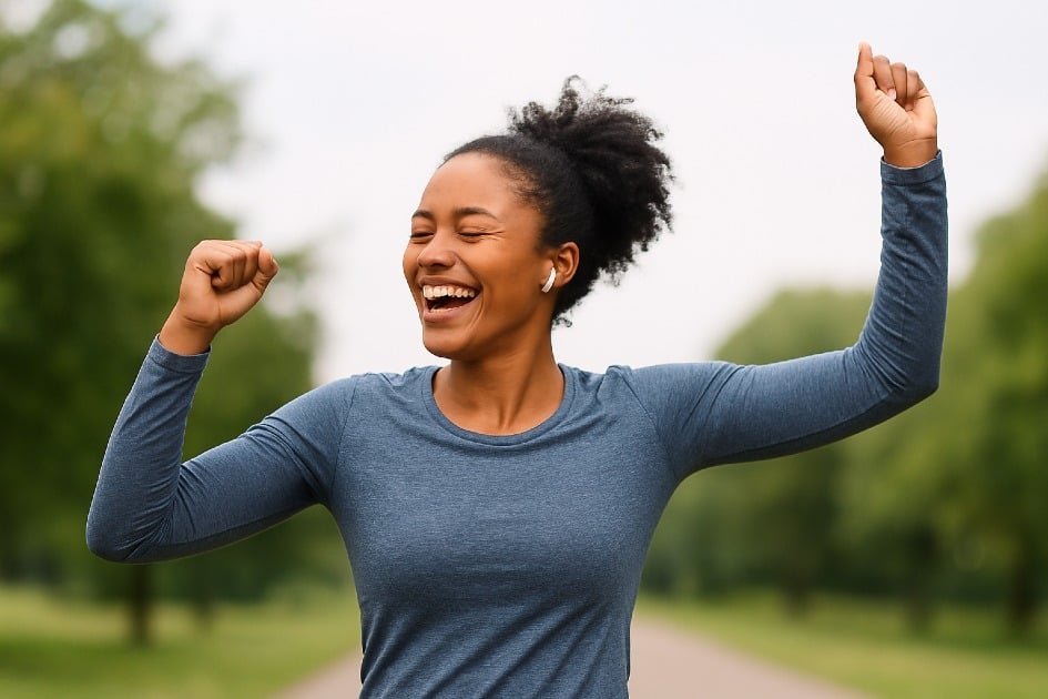 Joyful woman enjoying outdoor exercise, making fitness feel like a rewarding activity
