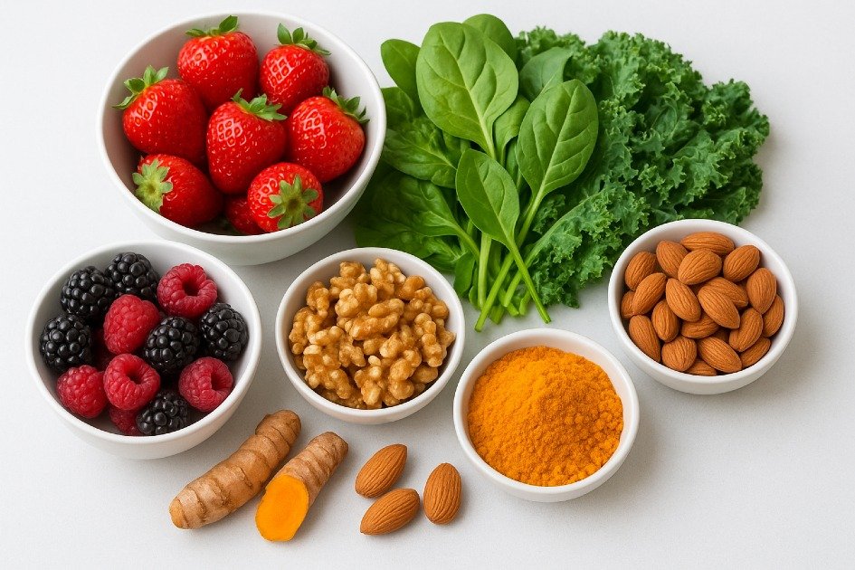 Colorful anti-inflammatory foods including berries, leafy greens, nuts, and turmeric highlighting science-backed health benefits