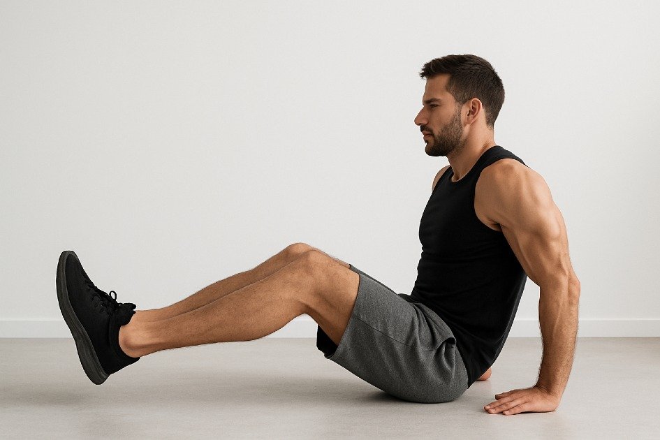 Man doing strength training at home with bodyweight exercises to build muscle without equipment