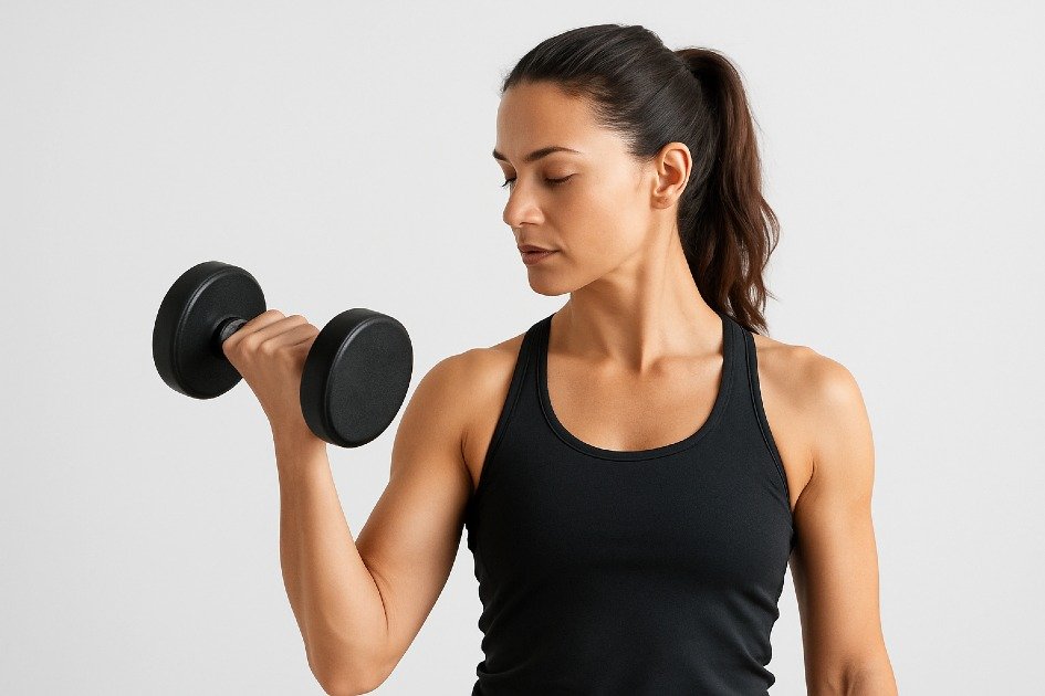 Woman lifting weights to boost hormonal balance and vitality