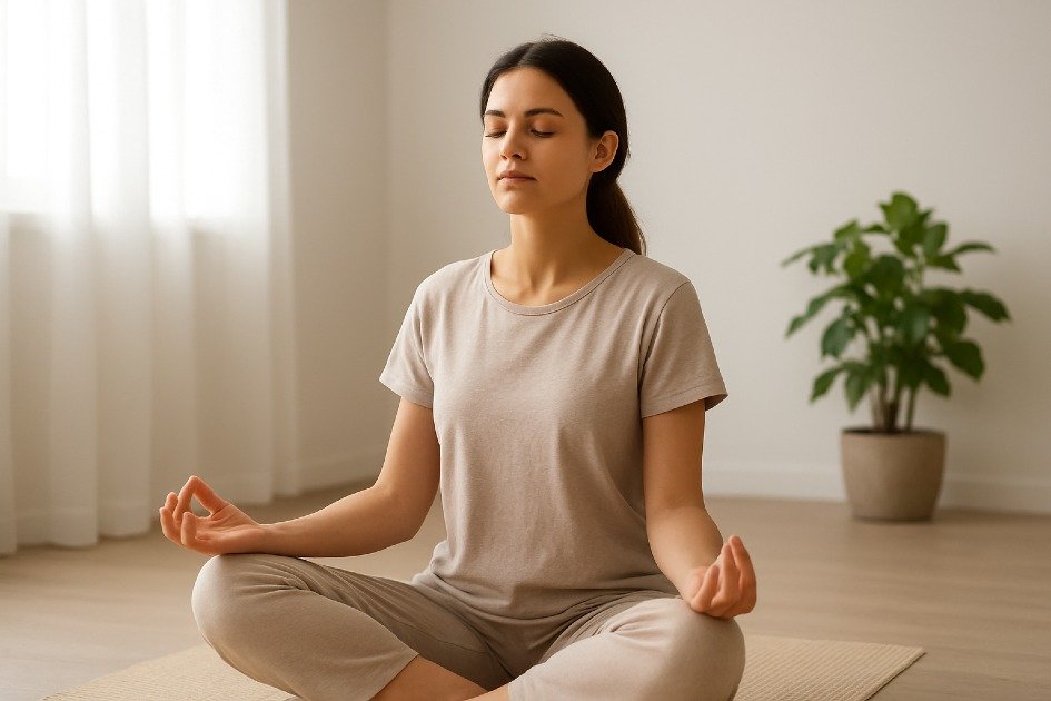 Woman practicing mindful breathing in a serene room, embracing stress relief habits.