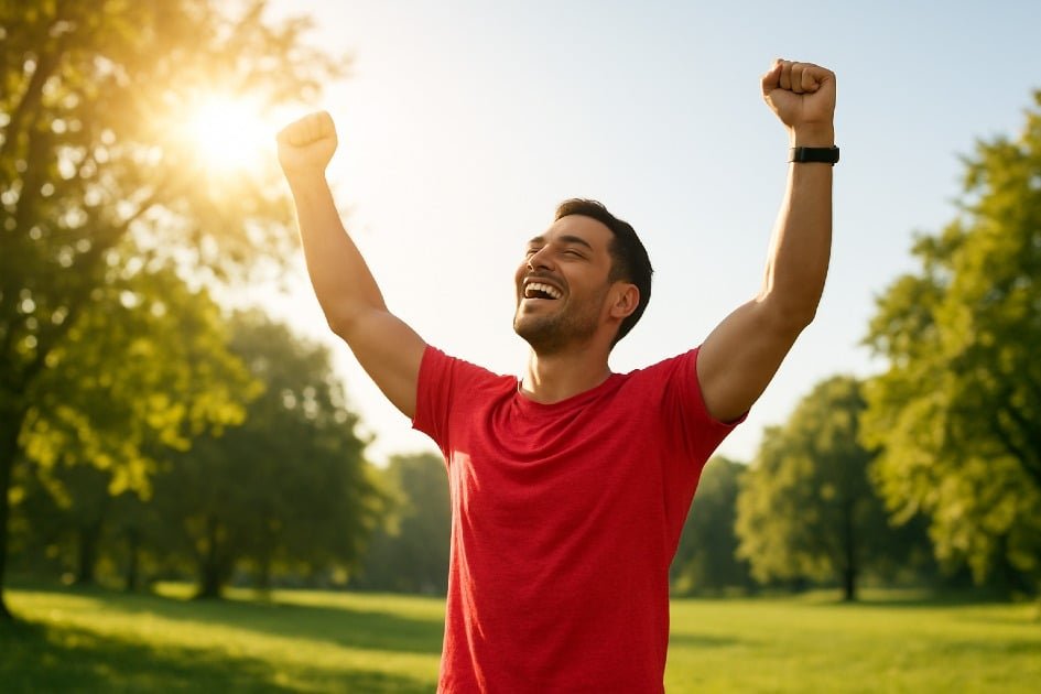 Person feeling energized and motivated outdoors, symbolizing renewed energy and life purpose.