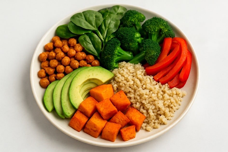 Colorful plate of plant-based foods promoting a sustainable diet