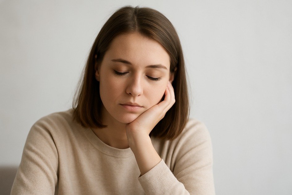 Calm young woman reflecting indoors, symbolizing the emotional impact of anxiety.