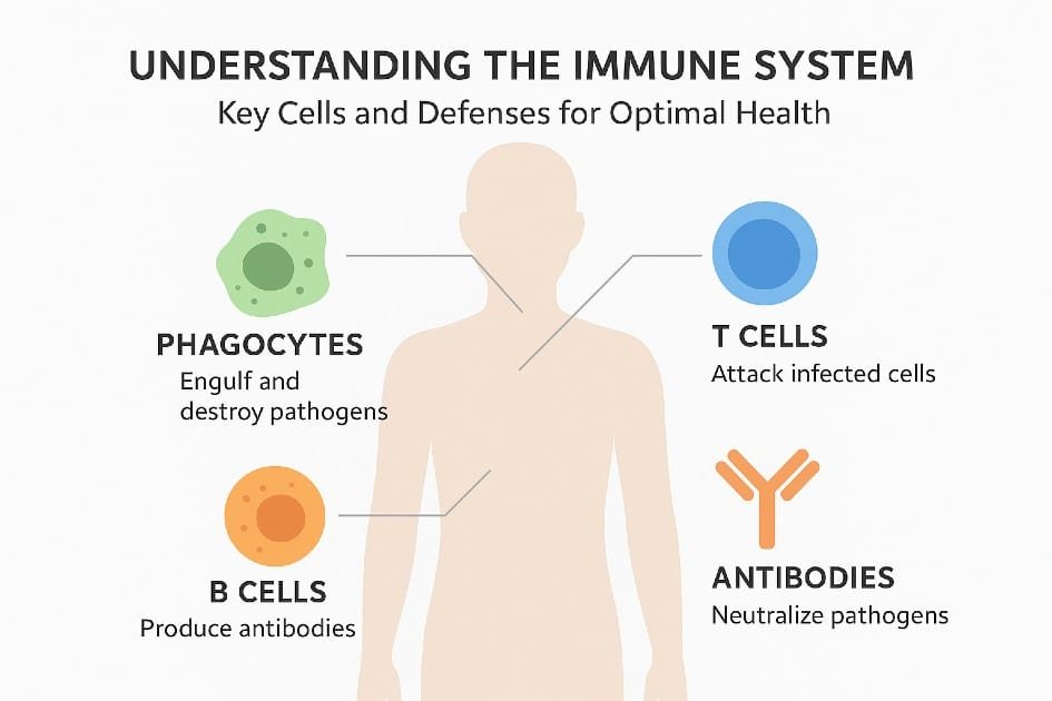 Diagram of human immune system highlighting key cells and defenses for optimal health