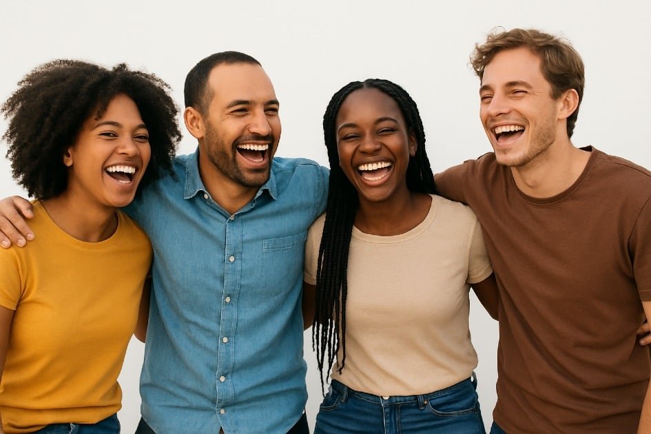 Happy group of diverse friends laughing and supporting each other outdoors, symbolizing positive social connections and personal growth.