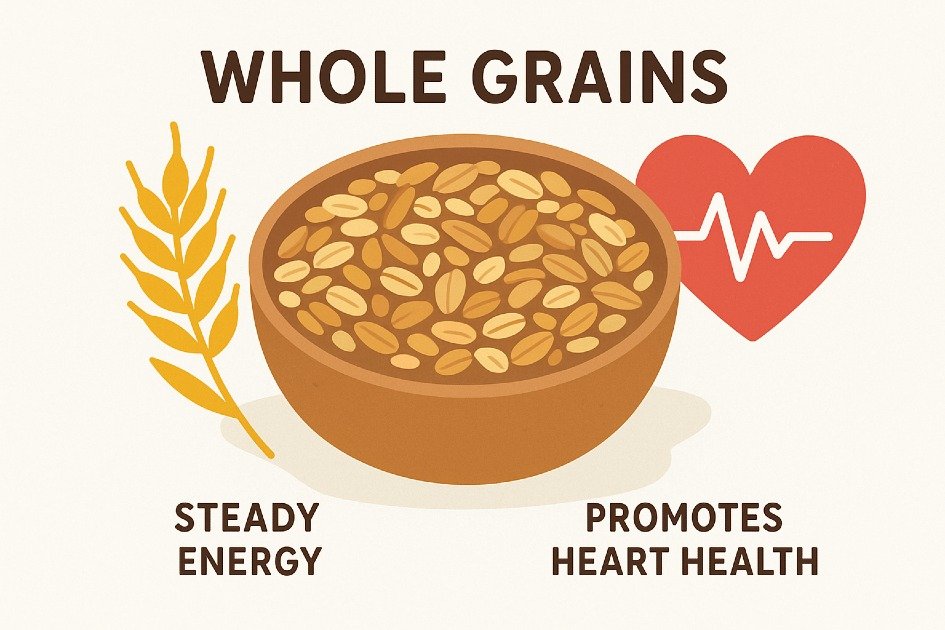 Whole grains in a bowl providing steady energy and promoting heart health.