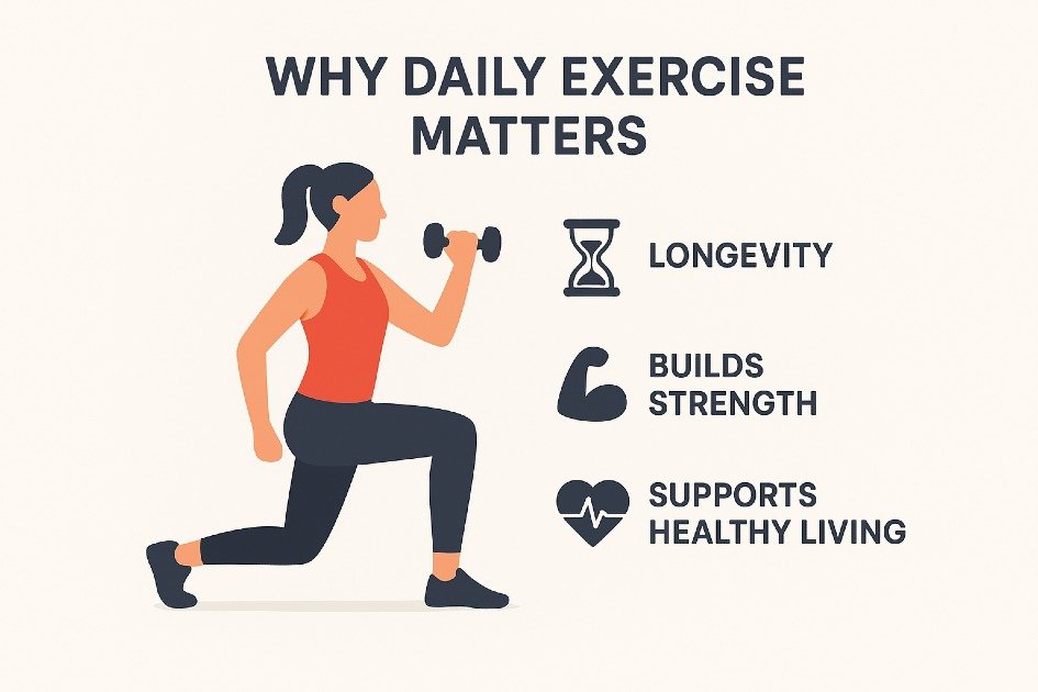 Daily exercise boosts longevity, builds strength, and supports healthy living.