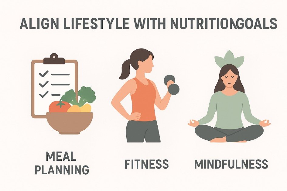 Healthy lifestyle choices aligning with balanced nutrition goals through meal planning, fitness, and mindfulness.