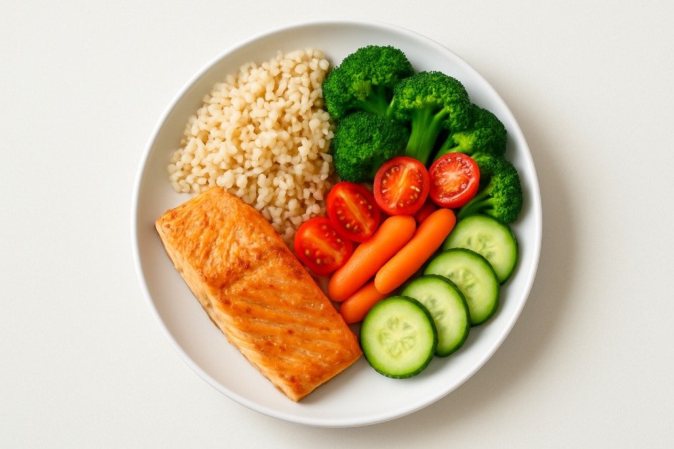 Colorful healthy meal showing balanced portions of proteins, carbs, and vegetables for a nutritious diet
