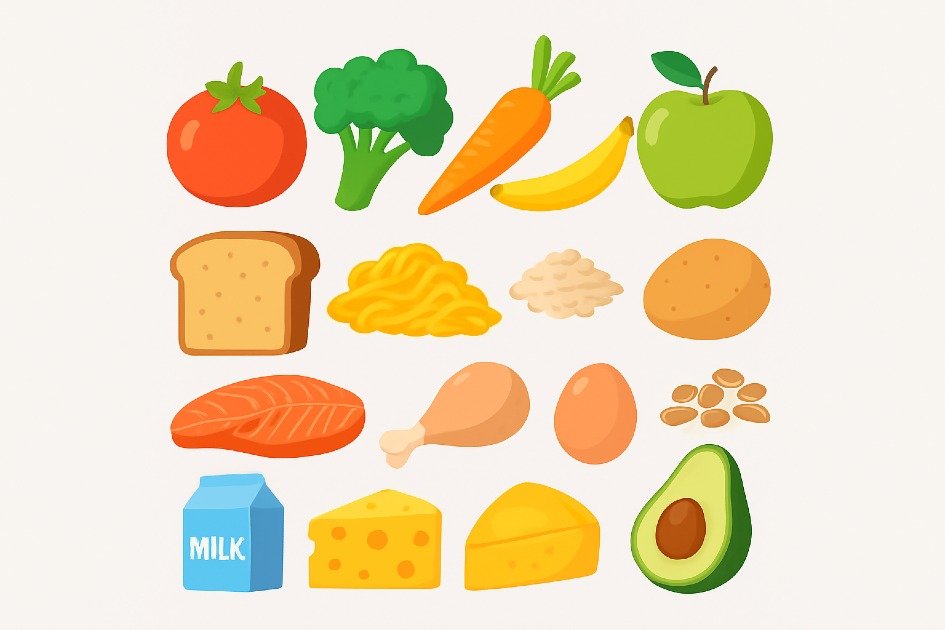 Colorful healthy foods arranged to represent the essential building blocks of a balanced diet