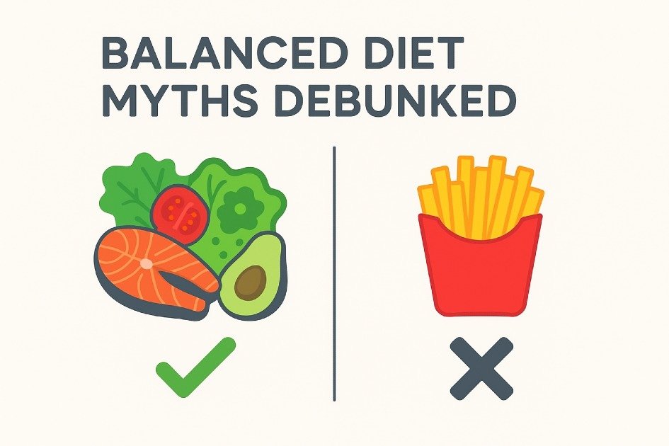 Illustration debunking common balanced diet myths with healthy foods and misconceptions.