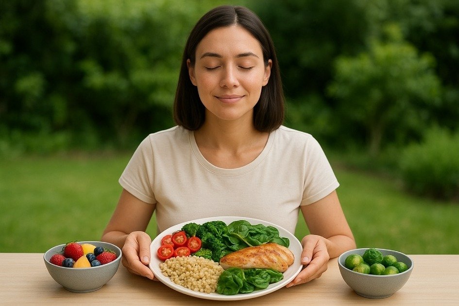 A woman enjoying a colorful balanced meal with fruits, vegetables, grains, and protein on a clean kitchen table — symbolizing simple, mindful nutrition habits.