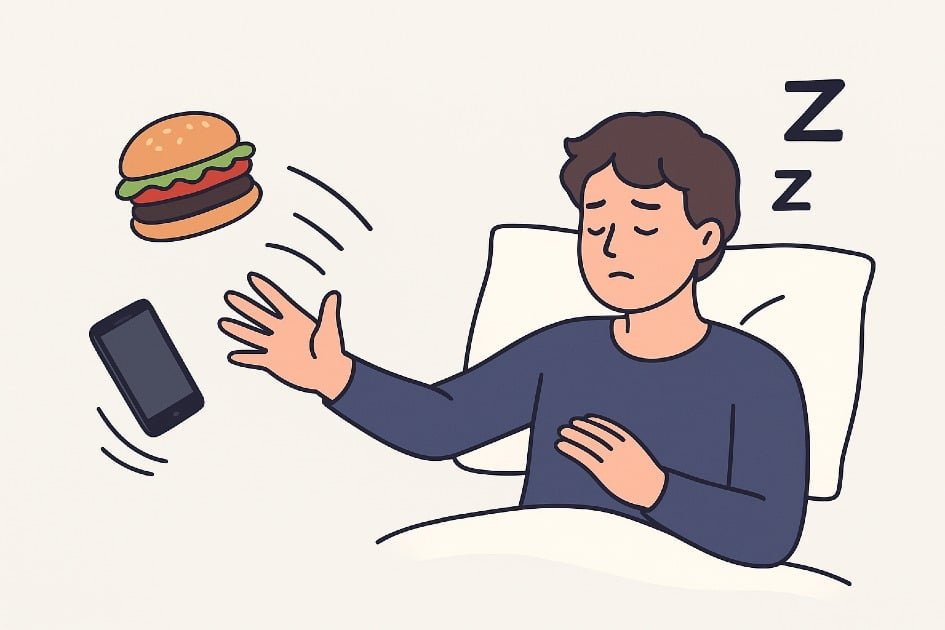 Person tossing a late-night snack and phone aside to improve sleep