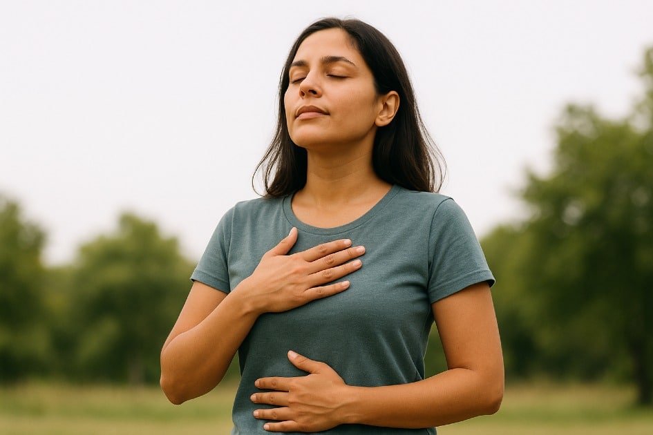 Woman practicing deep breathing outdoors to reduce stress and improve mental clarity