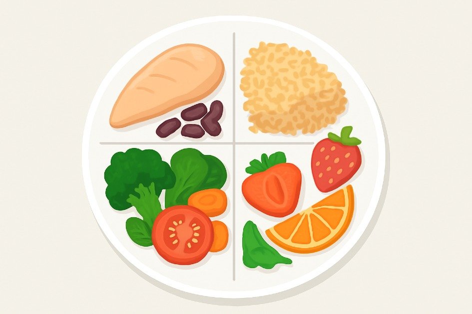 A colorful balanced meal plate with healthy portions of protein, grains, fruits, and vegetables for daily nutrition.