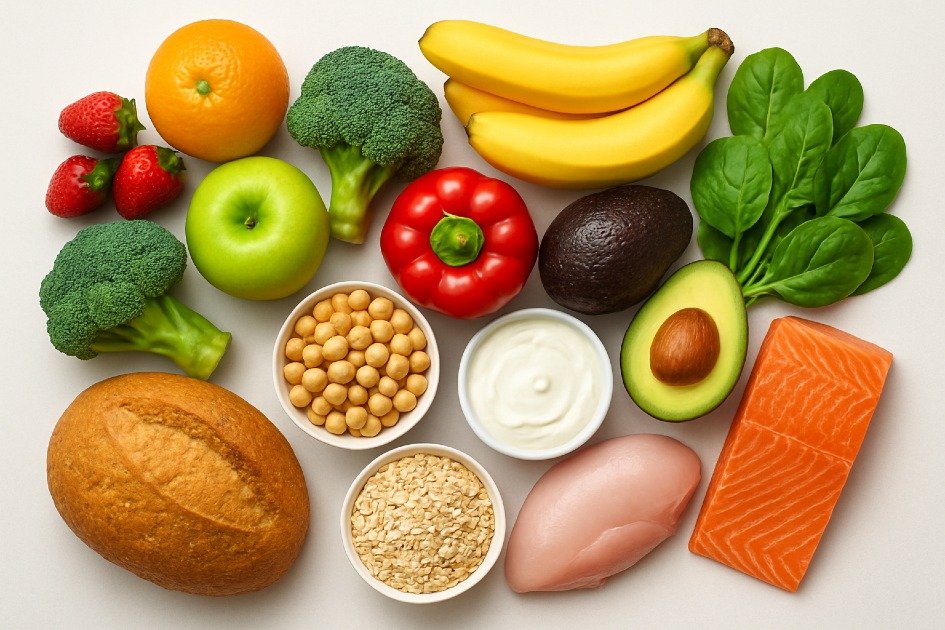 Colorful display of healthy foods representing the essential building blocks of a balanced diet including fruits, vegetables, grains, proteins, and dairy.