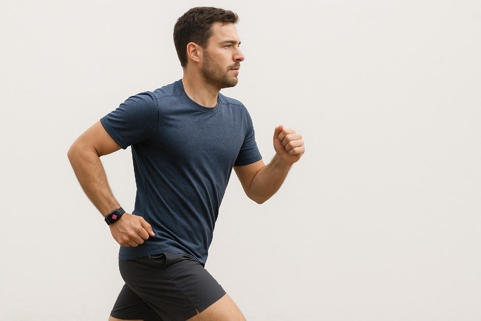 Man running outdoors for cardio fitness with heart rate focus